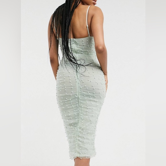 Sage Green Pearl Detailed Mesh Bodycon Midi Dress Sz 6 - Picture 4 of 5